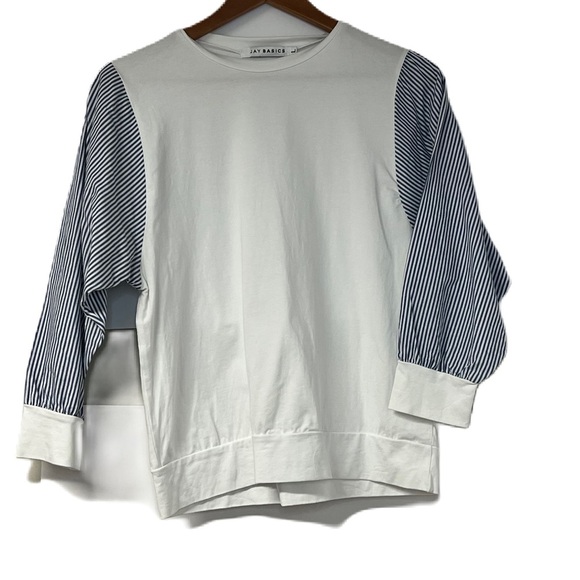 Jay Basics sz L statement sleeve blue white striped 3/4 sleeve cotton soft class - Picture 2 of 7